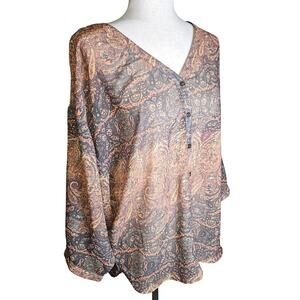Jeans by Buffalo Button Up Paisley Crochet back Tunic Top Blouse Brown Salmon M
